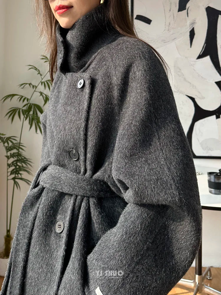 Korean Fashion Dark Gray Stand Collar 100%Wool Coat Women Long Winter Jacket