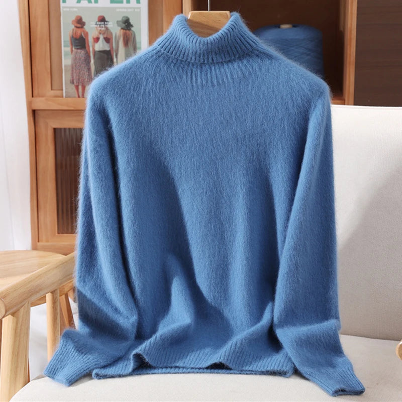 Autumn And Winter New 100% Mink Cashmere Sweater Ladies' High Lapel Solid Color Padded Pullover Wool Knitted Bottoming Shirt