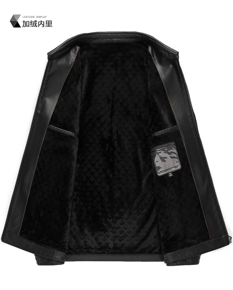 YN-2335 Spring and Autumn Men's Genuine Leather Polo Mock Neck Jacket Fashion Slim Sheepskin Coat Black Grey Husband Gift Youth