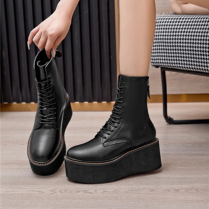AIYUQI Women Ankle Boots Genuine Leather 2025 New Platform High Heel Short Boots Female Non-slip Large Size Women Winte Boots