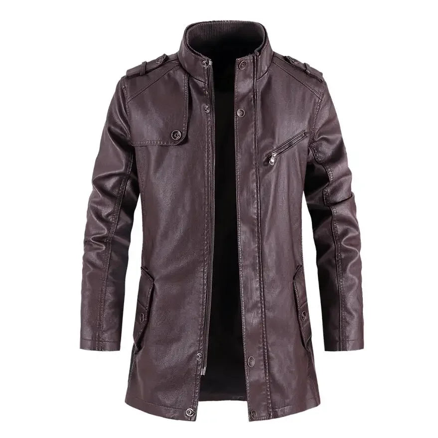 Men's Thick Fleece Winter Leather Jacket Coat Long Outwear Fashion Warm Casual Vintage Clothing for Men Steampunk Biker Jaqueta