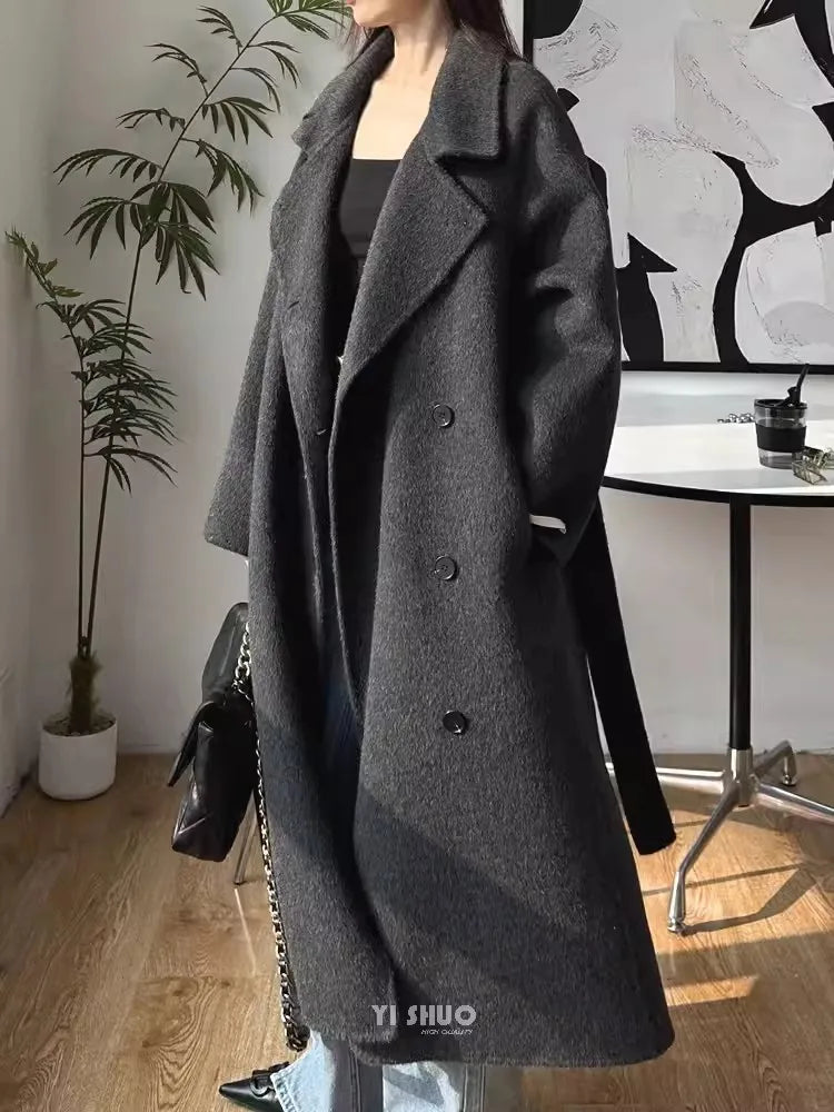 Korean Fashion Dark Gray Stand Collar 100%Wool Coat Women Long Winter Jacket
