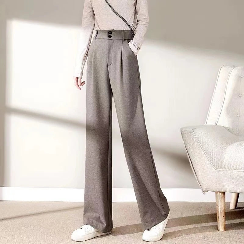 Autumn Winter Female Classic Daily Woolen Pants Girls Narrow Straight Leg Trousers Lady Solid Thicken High Waisted Pants