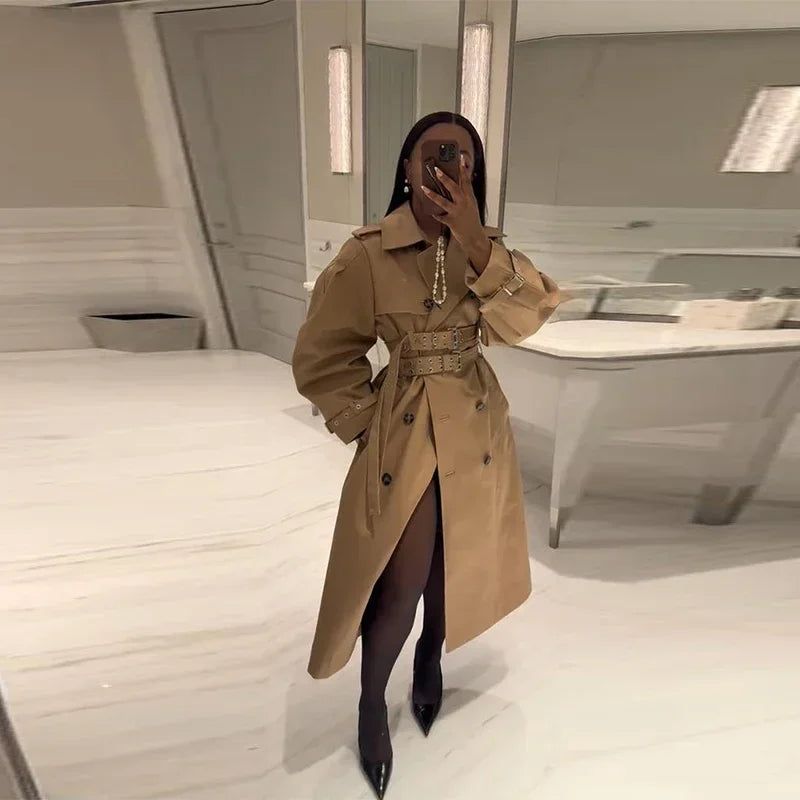 Elegant Double Belt Women Windbreaker Casual Khaki Long Sleeve Lapel Button Female Jacket 2025 Autumn Winter Lady Streetwear New