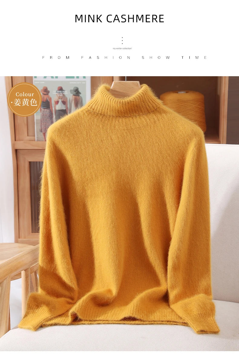 Autumn And Winter New 100% Mink Cashmere Sweater Ladies' High Lapel Solid Color Padded Pullover Wool Knitted Bottoming Shirt