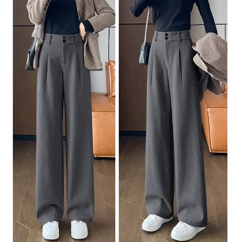 Autumn Winter Female Classic Daily Woolen Pants Girls Narrow Straight Leg Trousers Lady Solid Thicken High Waisted Pants
