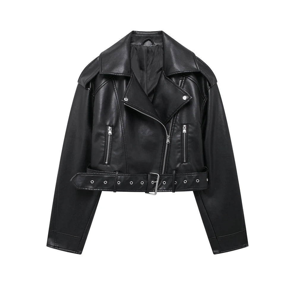 Faux Leather Moto & Biker Jacket for Women, Long Sleeve Coat, Front Zipper, Female Outerwear, Chic Tops, Fashion