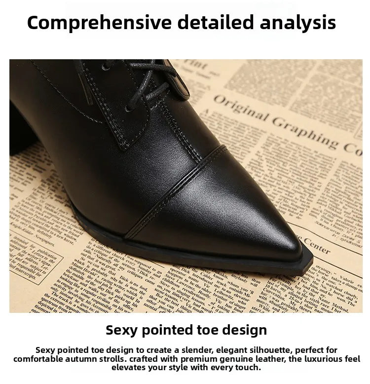 Retro Pointed Toe ort Boots Women's Spring Autumn New Coarse Heel Boots Small Size Genuine Leather High Heel  Boots