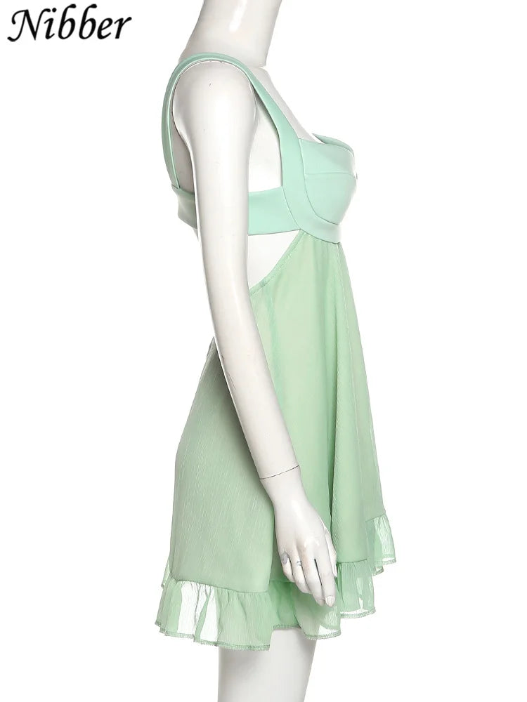 Nibber Vestidos Elegantes Para Mujer Solid Color Cutout Slim Sling Dress Sexy Backless Ruffle Dress Female2023