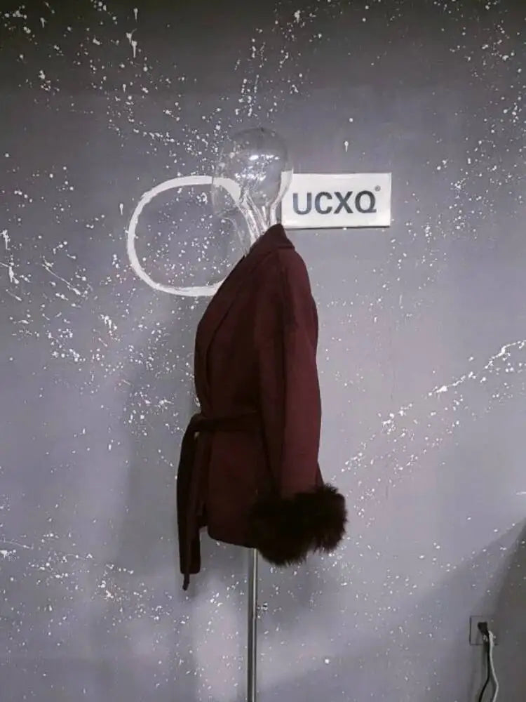 UCXQ Elegant OL Office Lady Overcoats Fur Patchwork Long Sleeve Woolen Coat Beautiful Women's Clothing Jacket Autumn 2025 Winter