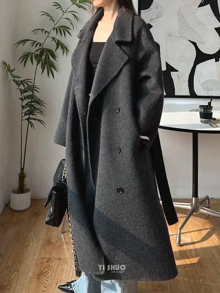 Korean Fashion Dark Gray Stand Collar 100%Wool Coat Women Long Winter Jacket