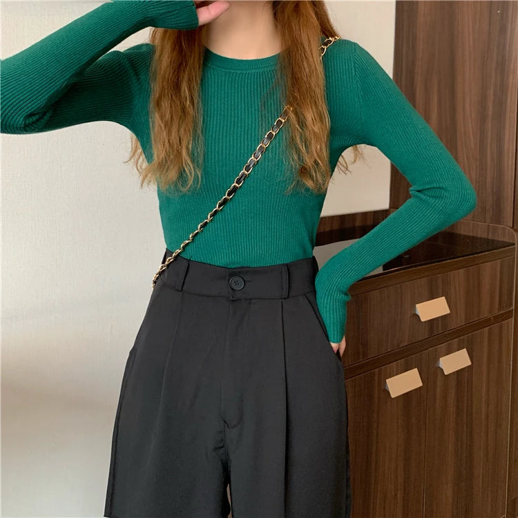 2025 New Women Sweater Autumn Winter Long Sleeve Pullover Basic Top Fashion O-neck Elastic Female Winter Solid Knitted Jumper