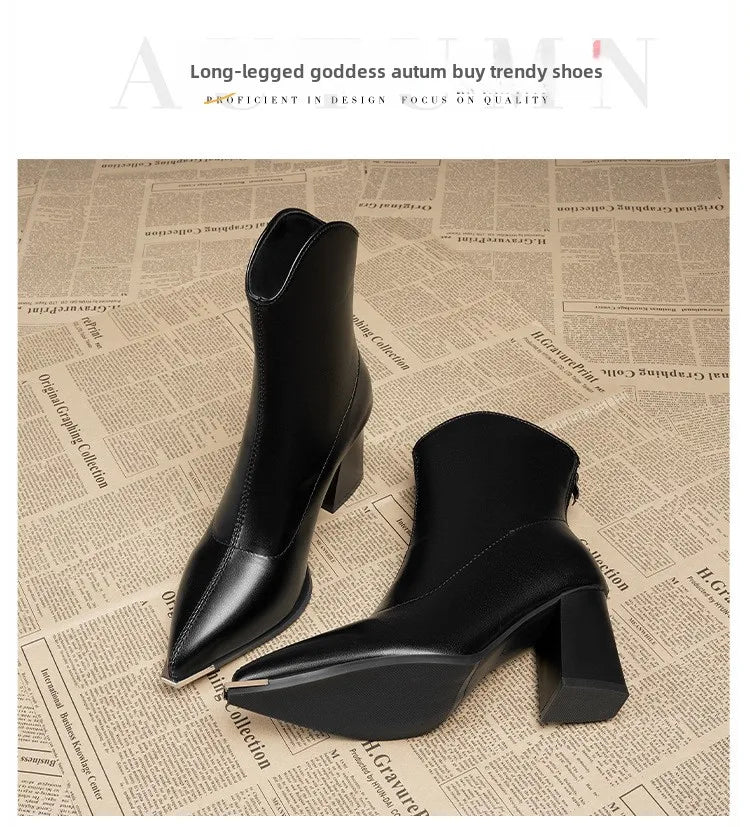 Women Leather Boots Luxury Pointed Brand Toe Chelsea Ankle Boots Trendy High Heels Zipper Goth Pumps Shoes French Women's Boots