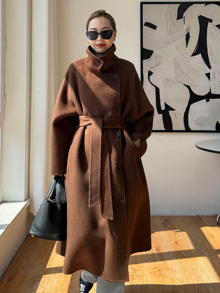 Korean Fashion Dark Gray Stand Collar 100%Wool Coat Women Long Winter Jacket