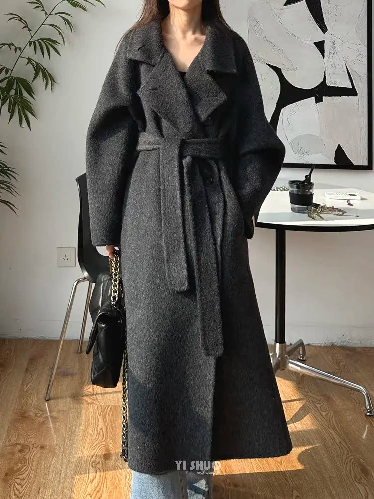 Korean Fashion Dark Gray Stand Collar 100%Wool Coat Women Long Winter Jacket