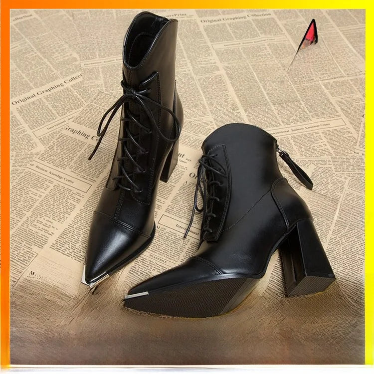 Retro Pointed Toe ort Boots Women's Spring Autumn New Coarse Heel Boots Small Size Genuine Leather High Heel  Boots