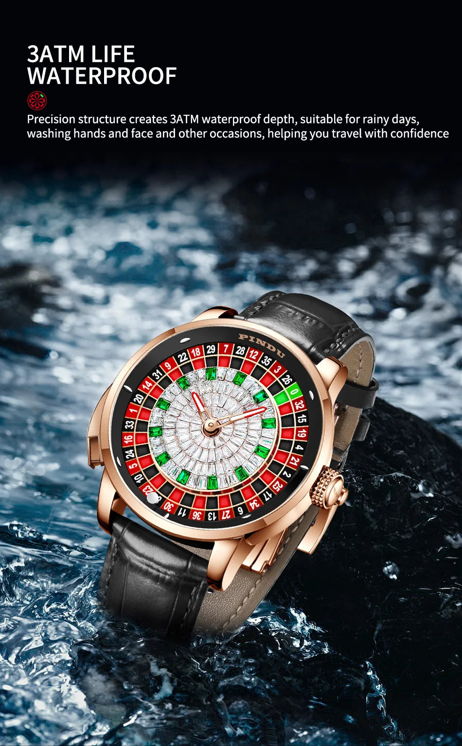 PINDU New Watches European Button Roulette Fun Game Sapphire Glass NH35A Mechanical Watch Diamond Dial Leather Men's Watch P6628