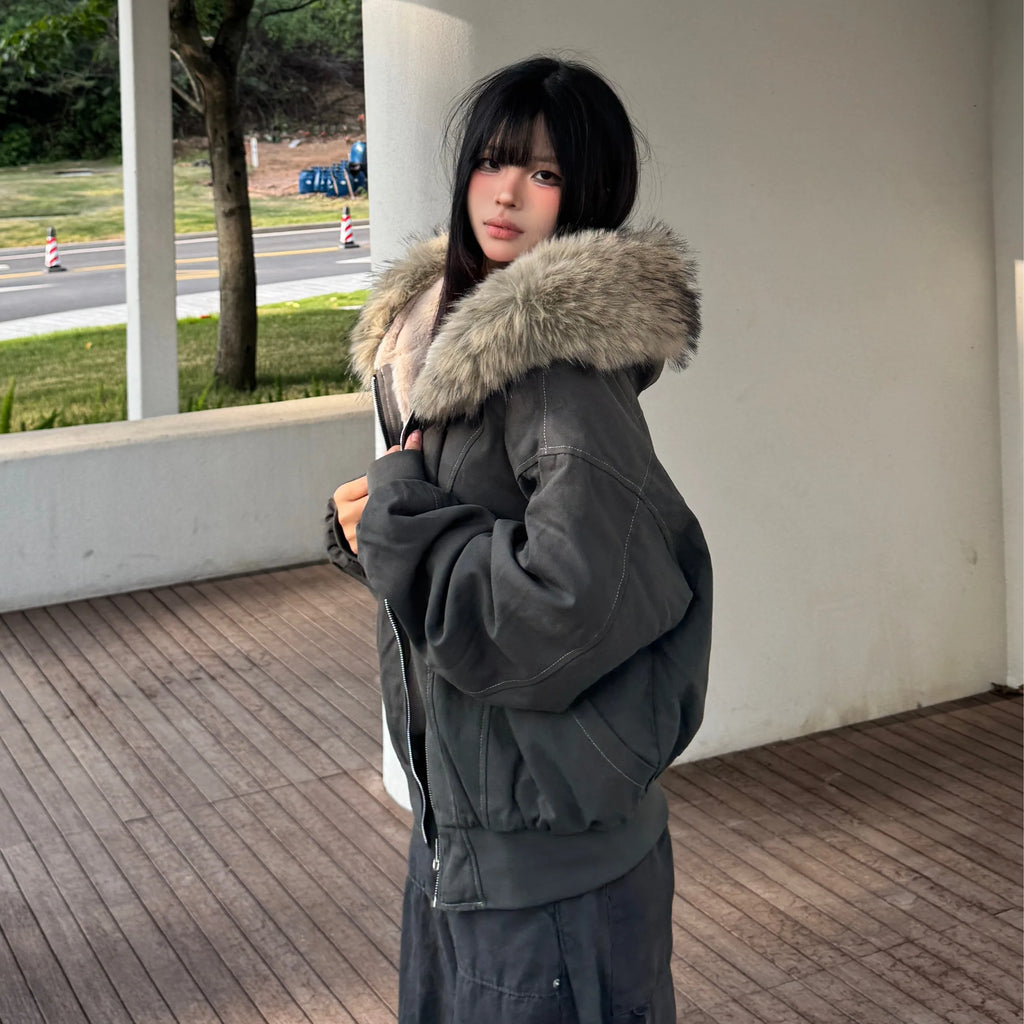 Y2k Street Vintage Warm Cardigan Loose Hoodie Women Autumn Winter Fashion Fur Collar Hat Hoodie Street Zipper Sweatshirt