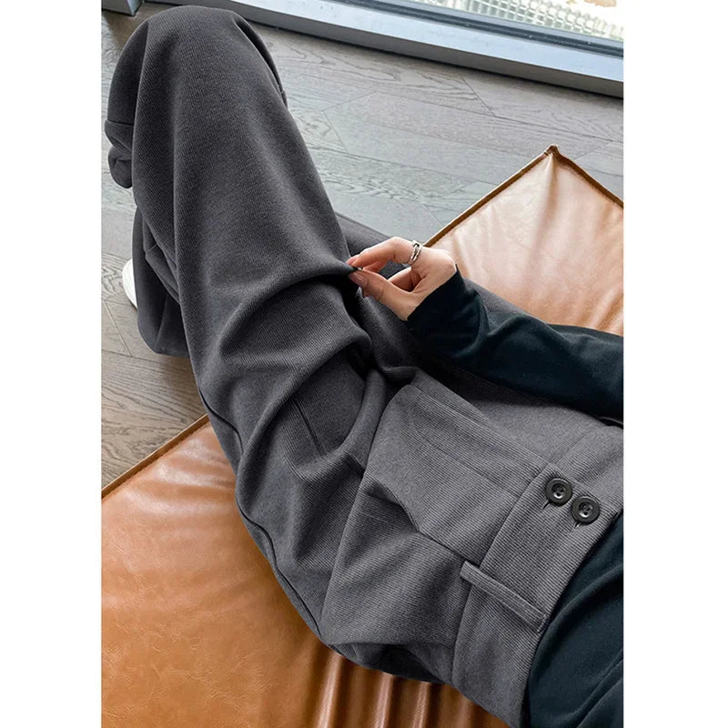 Autumn Winter Female Classic Daily Woolen Pants Girls Narrow Straight Leg Trousers Lady Solid Thicken High Waisted Pants