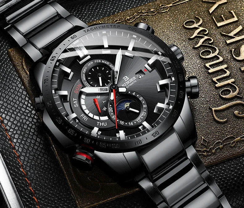 Genuine Luxury Switzerland BINGER Brand Mens Watches Automatic Mechanical Luminous Waterproof Running Calendar Male Moon Phase
