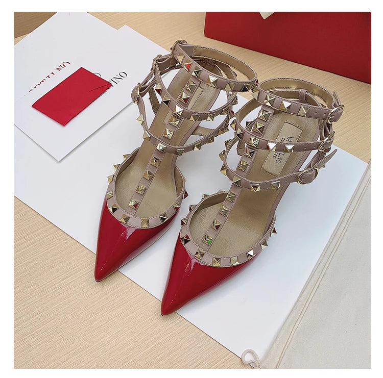 Three straps Rivet Heeled sandals luxury Women's Gladiator sandals summer Brand Slingbacks High Heels designer party Ladies Shoe