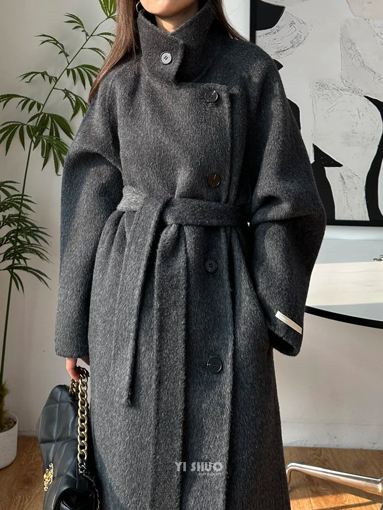 Korean Fashion Dark Gray Stand Collar 100%Wool Coat Women Long Winter Jacket