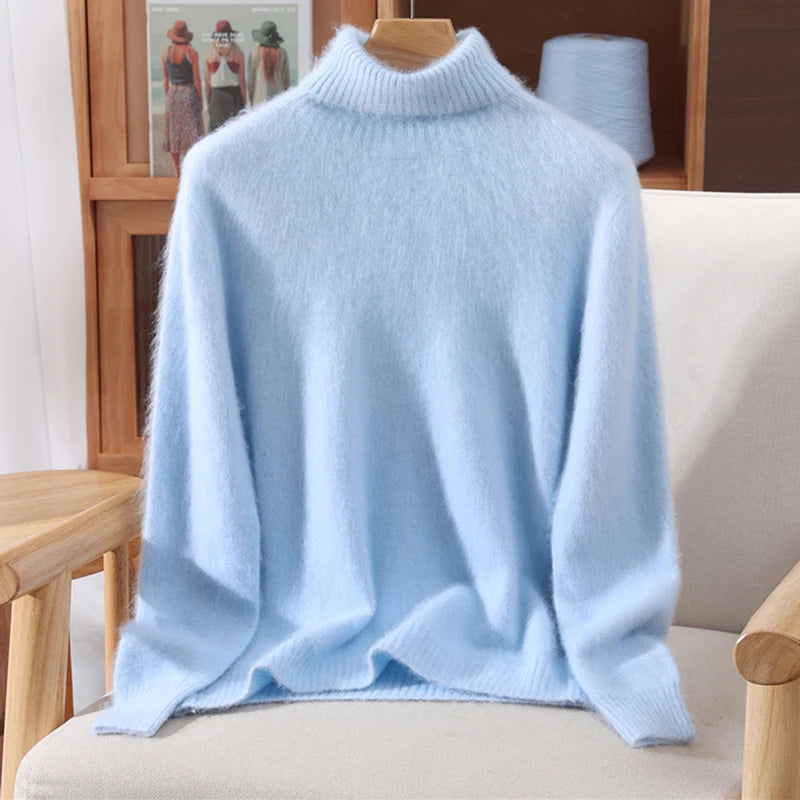 Autumn And Winter New 100% Mink Cashmere Sweater Ladies' High Lapel Solid Color Padded Pullover Wool Knitted Bottoming Shirt