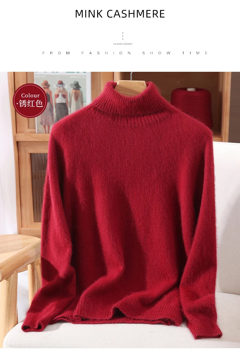Autumn And Winter New 100% Mink Cashmere Sweater Ladies' High Lapel Solid Color Padded Pullover Wool Knitted Bottoming Shirt