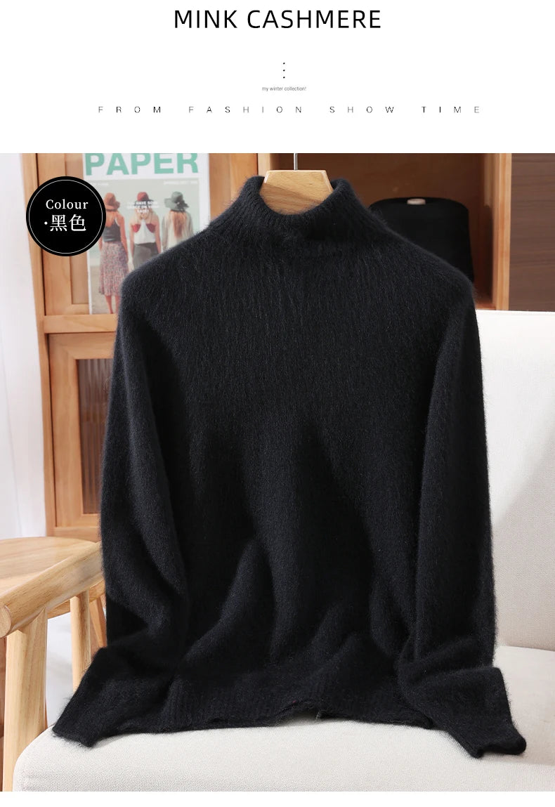 Autumn And Winter New 100% Mink Cashmere Sweater Ladies' High Lapel Solid Color Padded Pullover Wool Knitted Bottoming Shirt