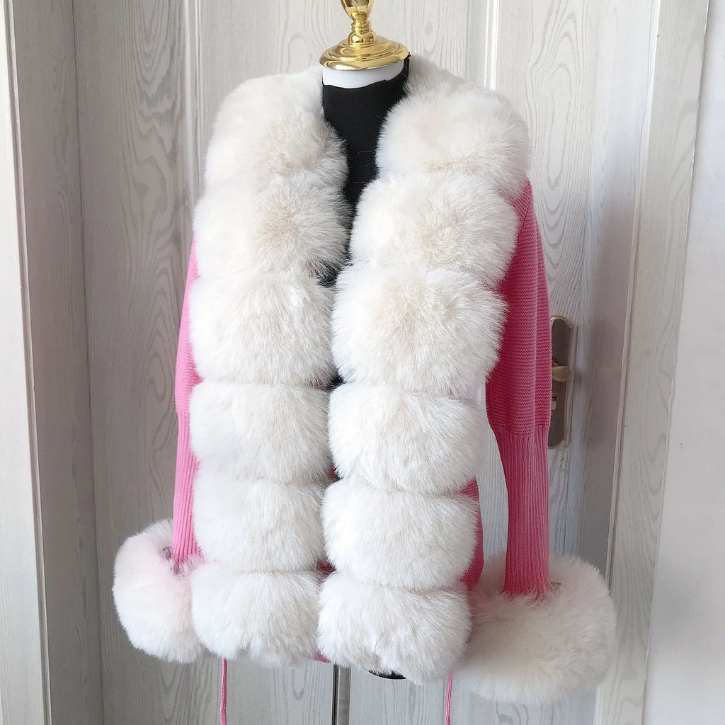 Women Faux Fur Knit Sweater cardigan Spring Autumn elegant Knitted sweater with faux fox fur collar Ladies Fashion Coat fur coat