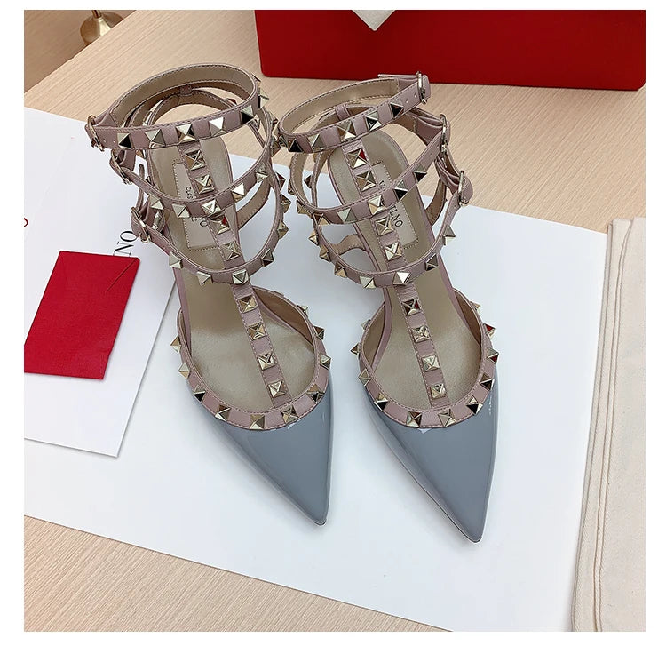 Three straps Rivet Heeled sandals luxury Women's Gladiator sandals summer Brand Slingbacks High Heels designer party Ladies Shoe