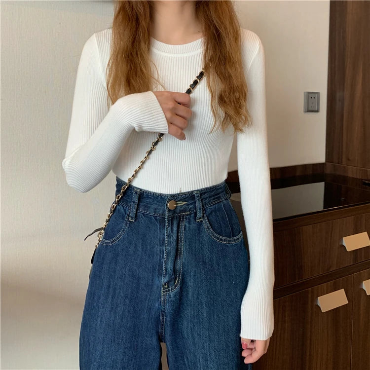 2025 New Women Sweater Autumn Winter Long Sleeve Pullover Basic Top Fashion O-neck Elastic Female Winter Solid Knitted Jumper