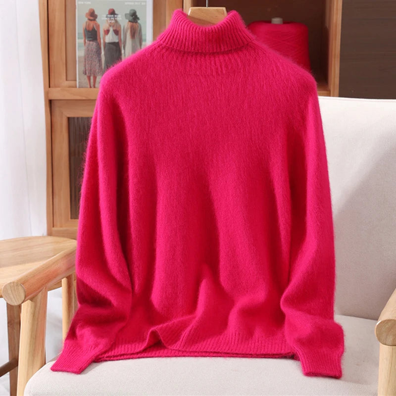 Autumn And Winter New 100% Mink Cashmere Sweater Ladies' High Lapel Solid Color Padded Pullover Wool Knitted Bottoming Shirt