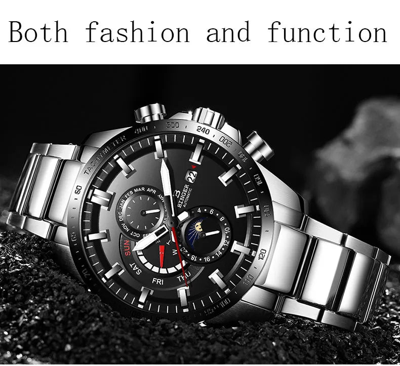Genuine Luxury Switzerland BINGER Brand Mens Watches Automatic Mechanical Luminous Waterproof Running Calendar Male Moon Phase