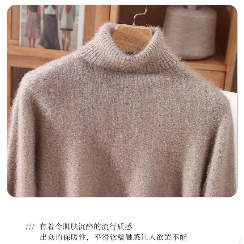 Autumn And Winter New 100% Mink Cashmere Sweater Ladies' High Lapel Solid Color Padded Pullover Wool Knitted Bottoming Shirt