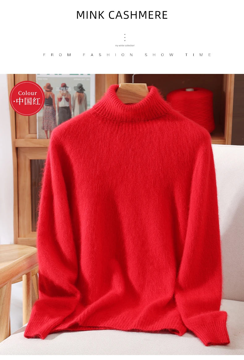 Autumn And Winter New 100% Mink Cashmere Sweater Ladies' High Lapel Solid Color Padded Pullover Wool Knitted Bottoming Shirt