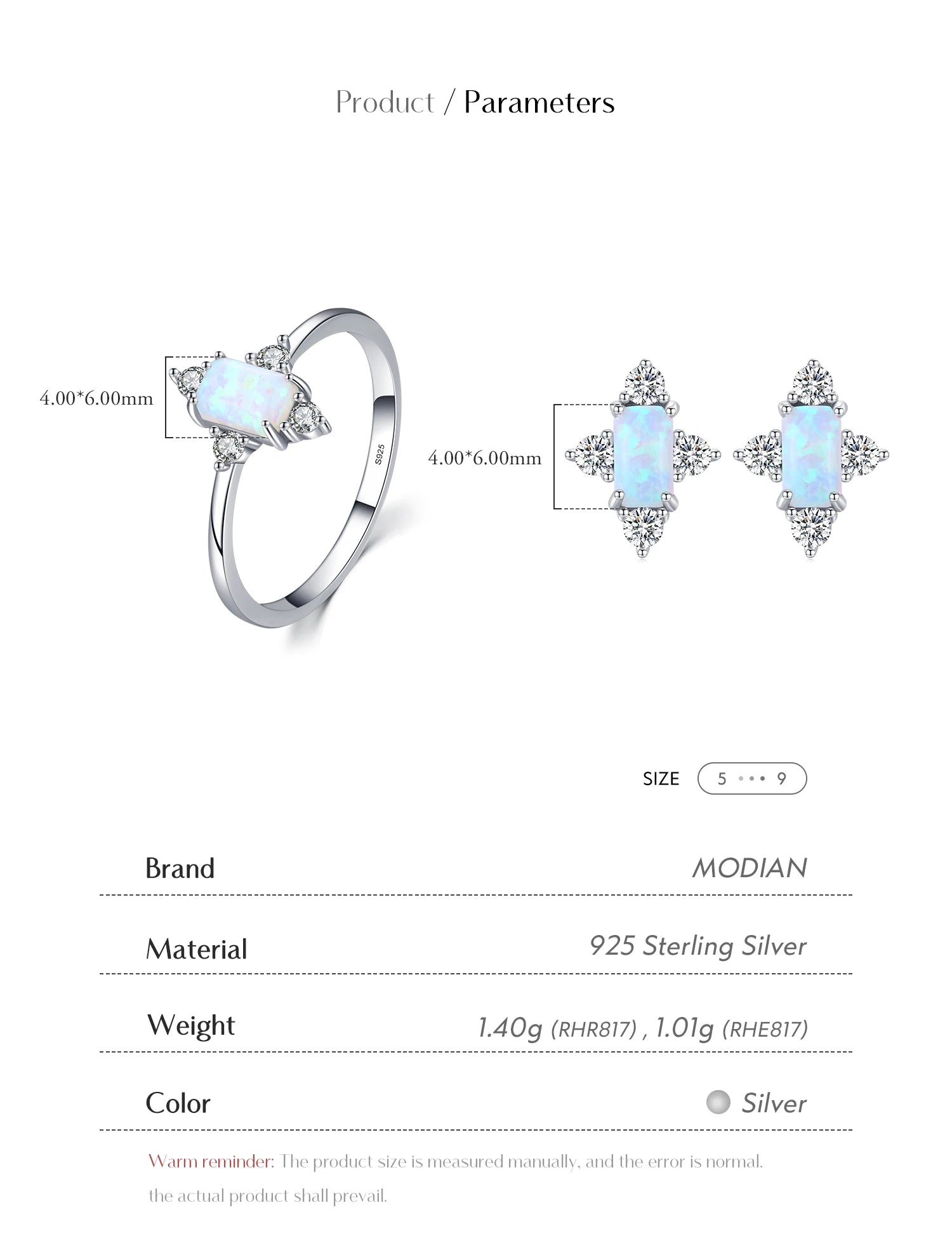 MODIAN Authentic 925 Sterling Silver Geometric Rectangle Natural Opal Jewelry Sets Rings Earrings For Women Wedding Jewelry