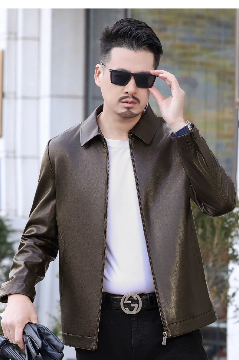 YN-2335 Spring and Autumn Men's Genuine Leather Polo Mock Neck Jacket Fashion Slim Sheepskin Coat Black Grey Husband Gift Youth