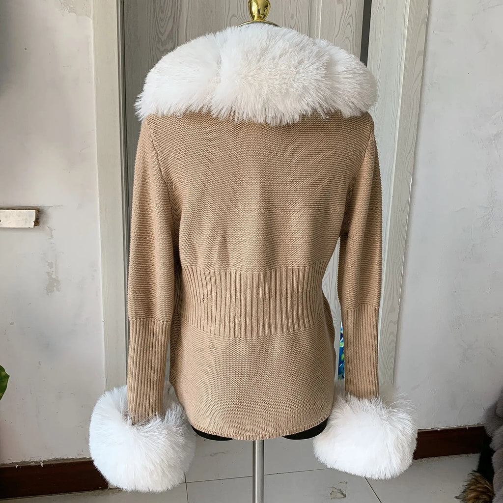 Women Faux Fur Knit Sweater cardigan Spring Autumn elegant Knitted sweater with faux fox fur collar Ladies Fashion Coat fur coat