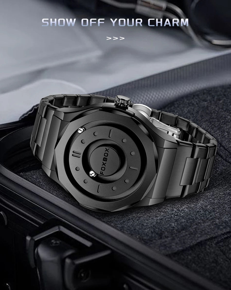 FOXBOX Creative Scrolling Pointer Magnetic Force Men's Quartz Wristwatches Outdoor Sports Waterproof Watch Men Relogio Masculino