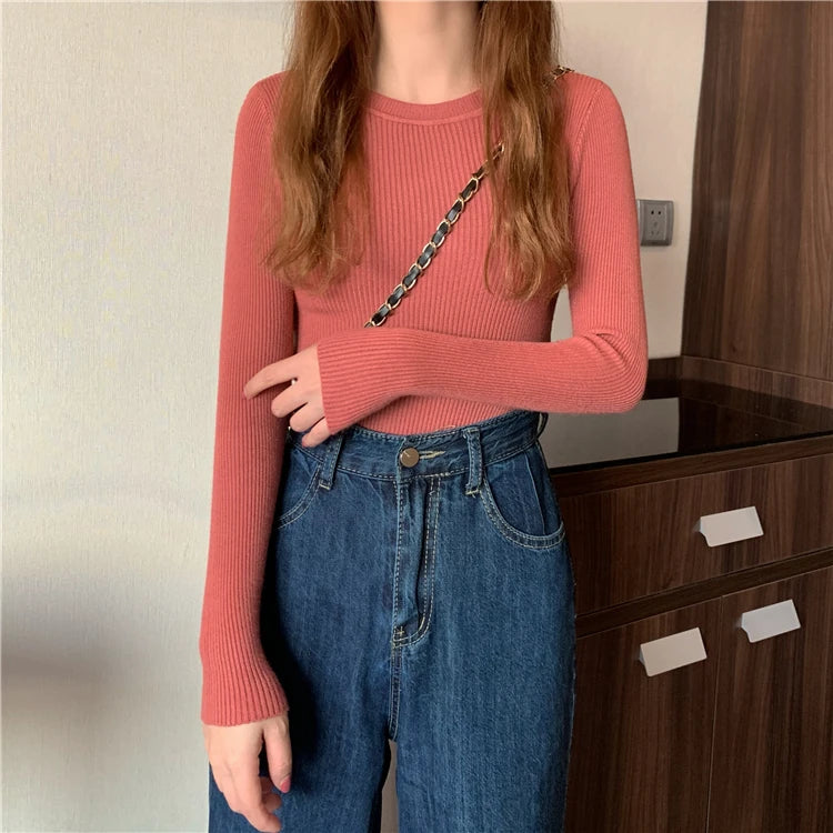 2025 New Women Sweater Autumn Winter Long Sleeve Pullover Basic Top Fashion O-neck Elastic Female Winter Solid Knitted Jumper