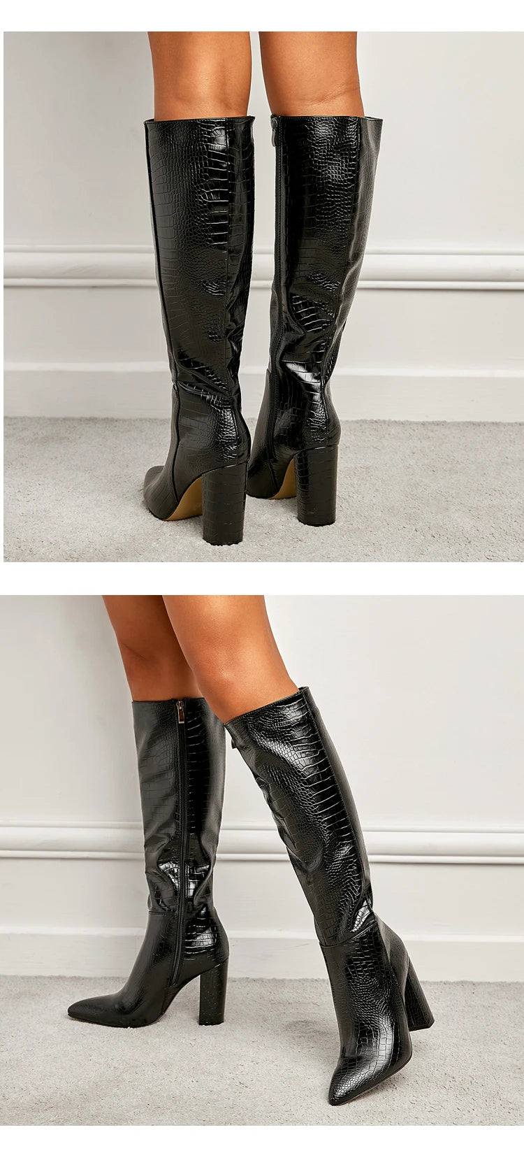 Aneikeh Pointed Thick Heels Knee Long Boots Women's 2025 Spring/Autumn Patent Leather Crocodile Pattern Panel Side Zipper Boots