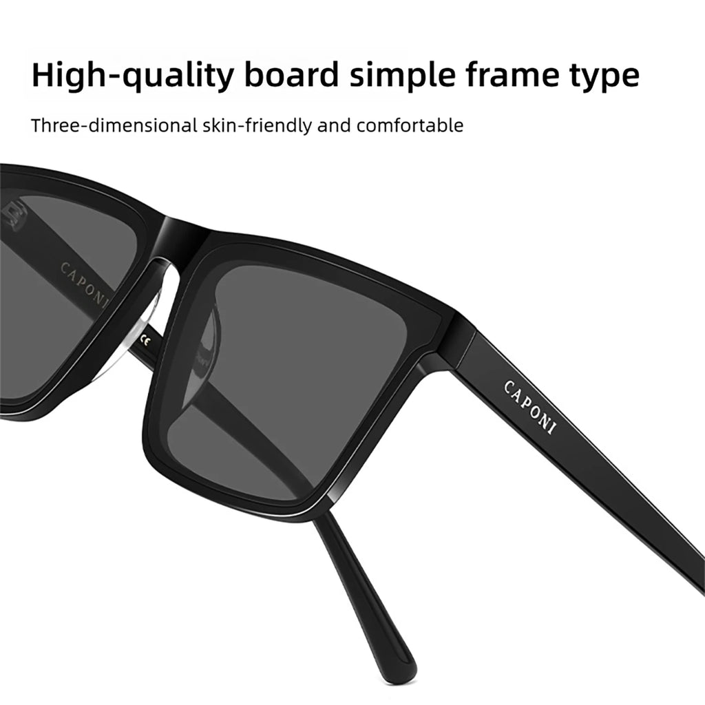 CAPONI Nylon Polarized Sunglasses High Quality Acetate Square Flat Design Sun Glasses For Men UV400 Protect Black Shades CP7499