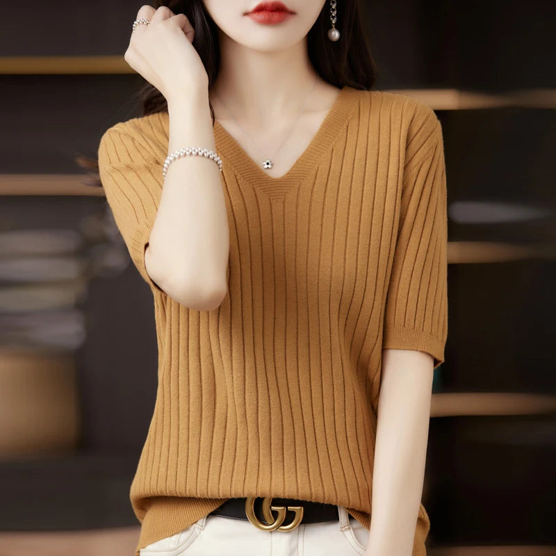 Women's Sweater Spring Summer Short Sleeve V-neck Knit Shirt Casual Korean Pullovers Stripe Bottoming Shirt Slim Fit Jumpers