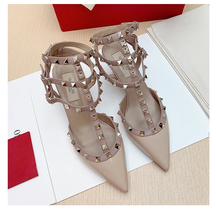 Three straps Rivet Heeled sandals luxury Women's Gladiator sandals summer Brand Slingbacks High Heels designer party Ladies Shoe