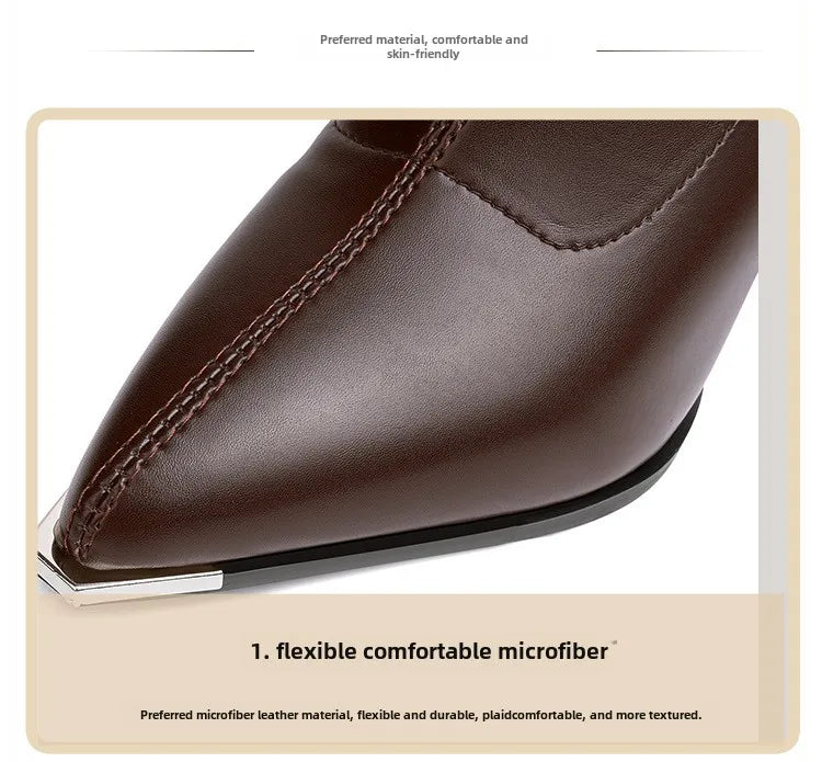 Women Leather Boots Luxury Pointed Brand Toe Chelsea Ankle Boots Trendy High Heels Zipper Goth Pumps Shoes French Women's Boots