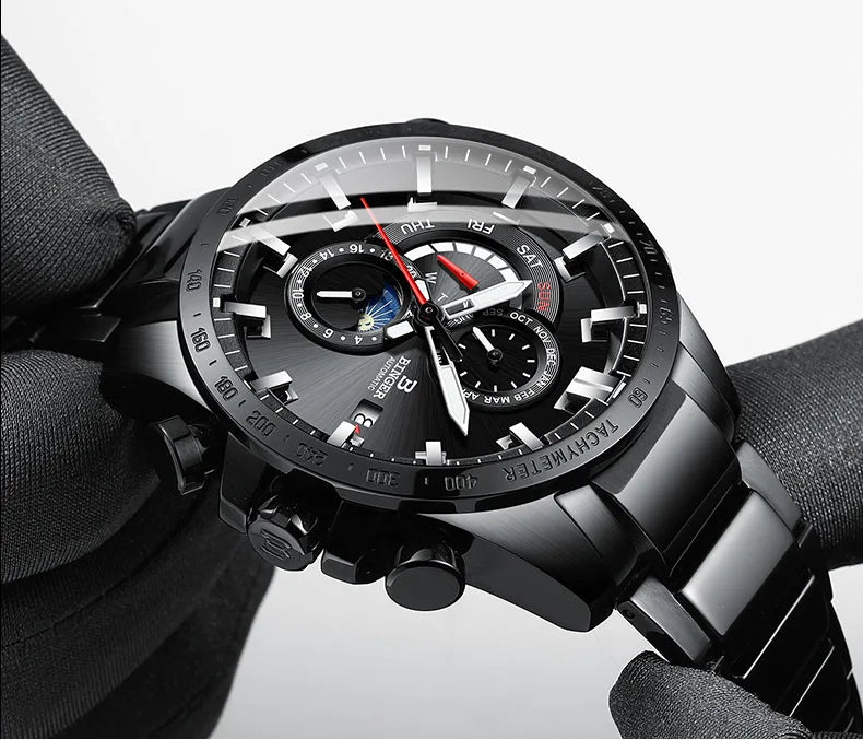 Genuine Luxury Switzerland BINGER Brand Mens Watches Automatic Mechanical Luminous Waterproof Running Calendar Male Moon Phase