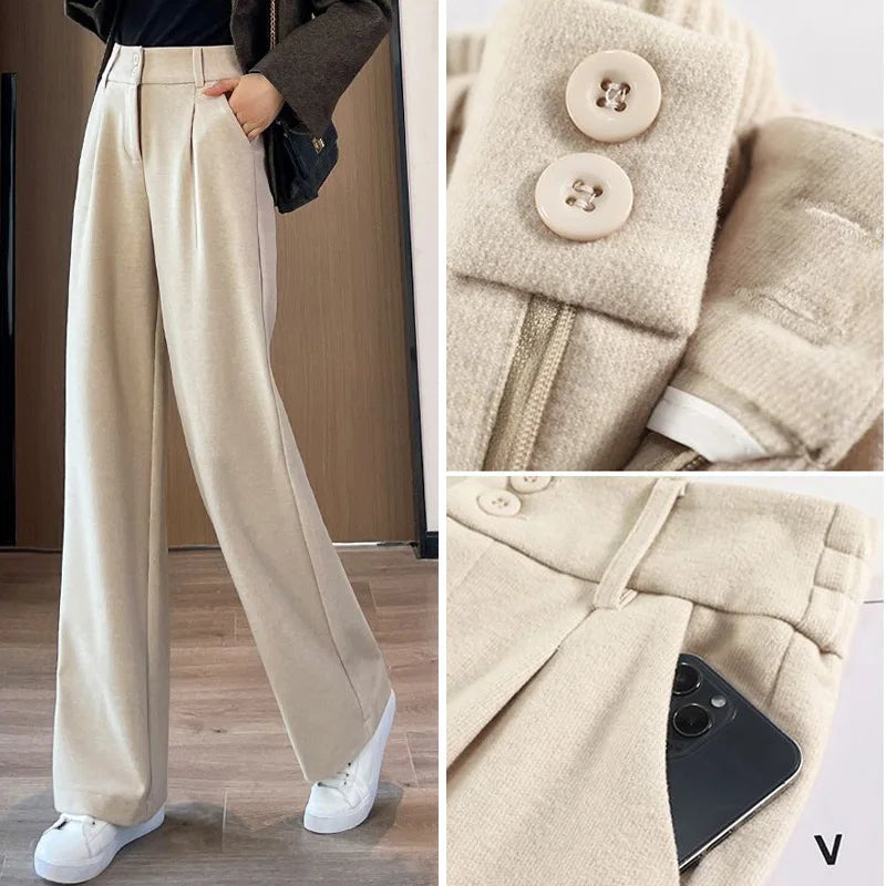 Autumn Winter Female Classic Daily Woolen Pants Girls Narrow Straight Leg Trousers Lady Solid Thicken High Waisted Pants