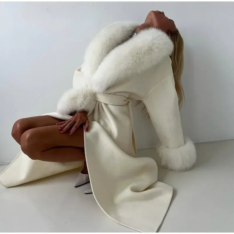 Elegant Fur Patchwork Woolen Coat Women Chic Full Sleeve V-neck Lace Up Loose Long Overcoat 2025 Lady Winter Commute Outwear