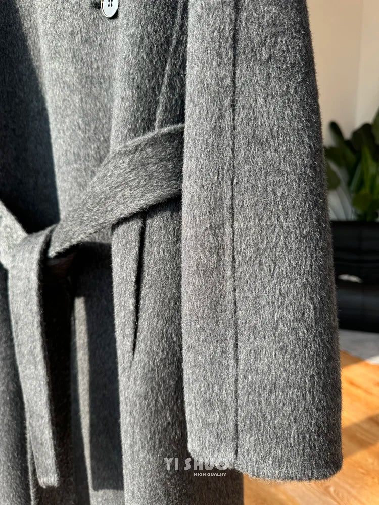 Korean Fashion Dark Gray Stand Collar 100%Wool Coat Women Long Winter Jacket